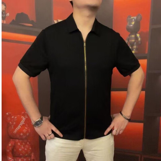 FR.YH.ZH Tianjun Department Store Herren-Strickjacke mit Revers, Reißverschluss, kurze Ärmel, Business-Casual, lässig, vielseitig, hohe halbe Ärmel, OP3889, Schwarz, XL 52 (145–160 Jin Jin entspricht 0,5 kg)