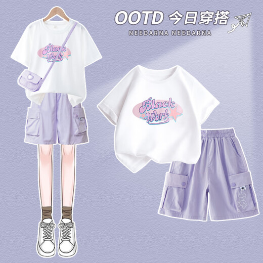 OVE女童夏装套装2025新款洋气女大童时髦短袖短裤两件套夏季儿童女孩 9928紫色+18442白色【套装】 140 140cm