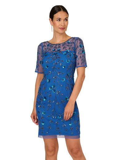 Adrianna Papell Women's Beaded Floral Short Dress, Blue Horizon Blue Horizon 8