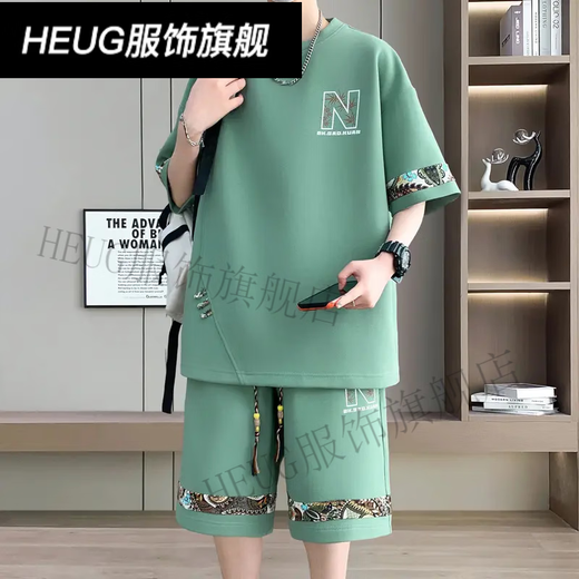 HEUG凌越男装店2025夏季大码休闲运动套装男士百搭两件套 黑色(YYW6195) L (110-130斤)