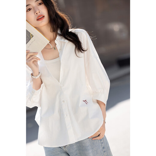 Demana pure cotton 100 white shirt, summer simple lapel, contrasting color buckle, five-quarter sleeve shirt, women's top