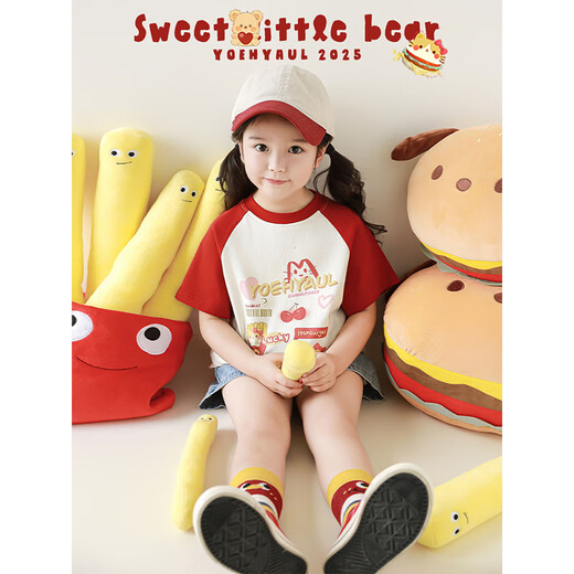 幼悠女童爱心小熊立体玩偶短袖2025夏季卡通印花撞色插肩宽松T恤 插肩T恤粉色（X4855） 100 cm