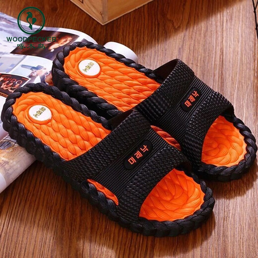 Zapatillas para hombres de pájaros carpinteros en verano, baño de baño suave de baño, baño, baño plano de baño, sandalias de pareja para mujeres 9859 [Naranja negra] 36-37 (adecuado para 35-36 desgaste)