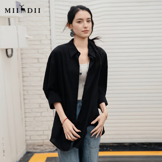 Answer to the puzzle oversized shirt for women's 2025 summer new style commuting simple skin-friendly shirt 256MC6212 black M