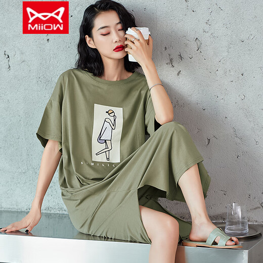 Cat Man (MiiOW) nightgown for women in spring and summer loose large size Korean version simple home clothes pajamas women long skirt summer 1105 M (recommended 80-100 Jin [Jin equals 0.5 kg])
