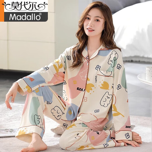 莫代尔睡衣春秋款女2024新款纯棉布料100全棉女士家居服女款春秋季 LF:9227青色满铺不规则 M