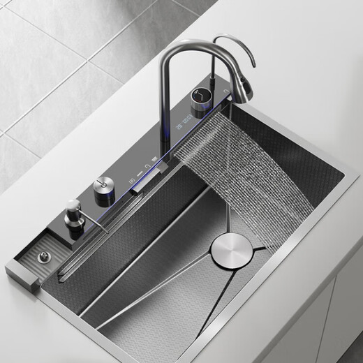 Hansgrohe thick 304 stainless steel waterfall sink large single-slot Raindance home kitchen handmade vegetable basin sink top Z16 75*46CM high-end multi-function digital water display