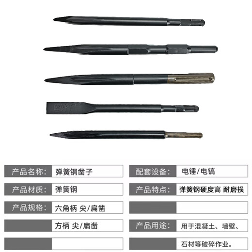 Spring steel electric hammer chisel electric pick hexagonal square handle round handle shovel head concrete slotting point flat shovel pick drill bit spring steel hexagonal 17X280 pointed chisel
