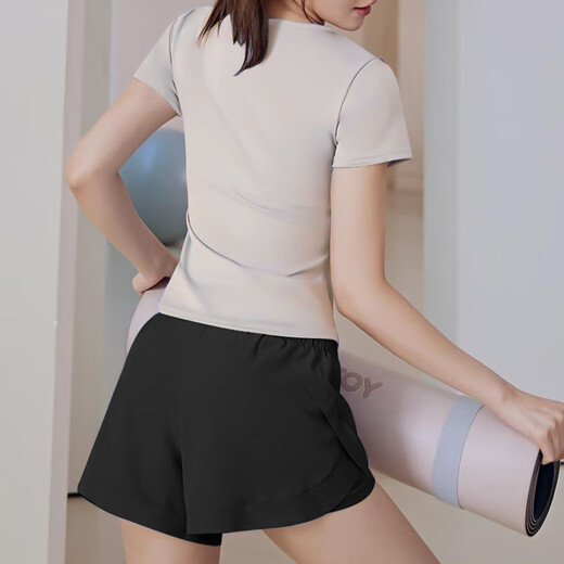 Bo Naling Yoga Wear Outdoor Sports Suit Women's Fitness Running Wear Pilates Loose Slimming Short Sleeve Elastic Quick-Drying Clothes Summer Short Sleeve Yoga Wear Suit Gray + Black M