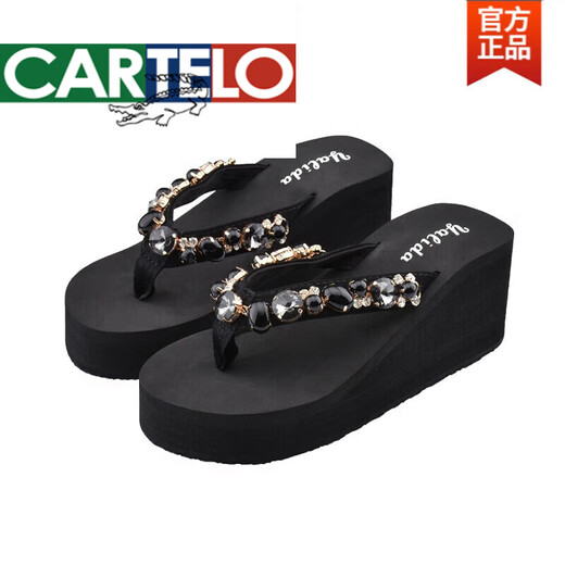 卡帝乐鳄鱼（CARTELO）高档2025女夏时尚高跟人字拖鞋外穿厚底防滑坡跟凉拖新款水钻沙滩 黑色 36
