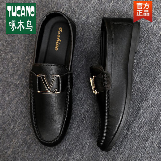 
Woodpecker Wenzhou leather shoes thin men's love beans shoes fashion spirit guy married groom Korean version small leather shoes versatile D878 black-brand flagship 39