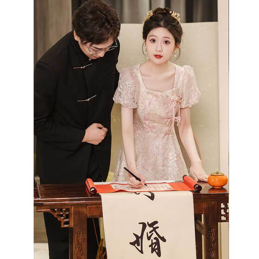 Seidlers neuer chinesischer Toastanzug Braut 2025 Neues Engagement-Kleid für Frauen im Sommer kann High-End-Abendkleid in Pink XL tragen (empfohlen 116-125jin [Jin gleich 0,5 kg])