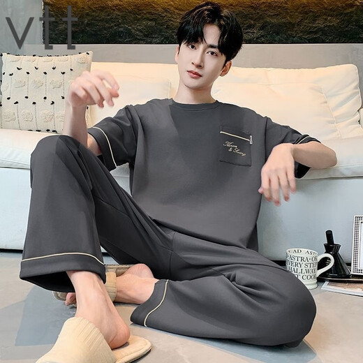 VTT睡衣男夏季纯棉短袖长裤男款薄款大码简约可外家居服套装 V短袖长裤：OMM13077 L