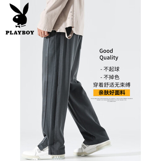Playboy (PLAYBOY) American heavy casual hoodies for boys loose straight 2025 spring and autumn thin sports wide-leg pants summer long trousers 848 black S 80Jin[Jin equals 0.5 kg]-99Jin[Jin equals 0.5 kg]