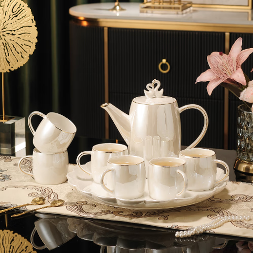 Yanze Light Luxury Wedding Gifts Wedding Gifts for the Couple Tea Set Glass Cup Ceramic Cup Housewarming Gift Swan Pearlescent Eight-piece Set-Gift Box