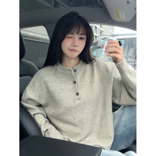 Main style (ZHUYIFAN) dark gray Henry collar sweater for men in autumn, old money American style lazy style sweater, couple inner sweater, dark gray, upgraded fabric M