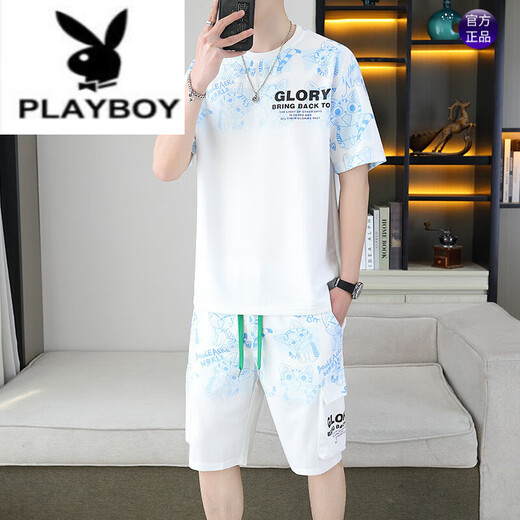 Playboy (Playboy) 2025 Sommer neuer kurzärmeliger Anzug für Männer Teenager vielseitige Shorts Casual Sports zweiteiler Set-Gradientenfarbe Herrenkleidung 6187 Grau 2xl