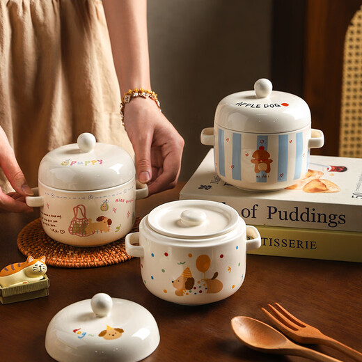 Sheli Cute Ceramic Stewing Cup Household Small Soup Cup with Cover Steamed Egg Bowl Isolated Water Stewing Steaming Cup Stewing Soup Crock Pot Stewing Bird's Nest Balloon Dog-Stewing Cup 550ML 500ml Can be steamed, baked or microwaved