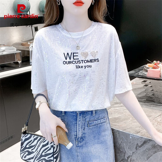 皮尔卡丹（pierre cardin）短袖t恤女夏季新款欧货宽松休闲百搭时尚外穿烫金设计感上衣 6227#白色 S 建议80-99斤