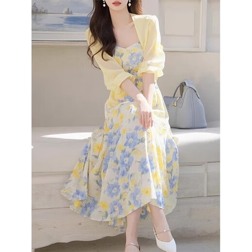 Clothing Yuan floral dress for women 2025 summer new French temperament beach vacation beach skirt cardigan dopamine wear cardigan + suspender skirt (two-piece set) L (105-115Jin[Jin equals 0.5 kg])