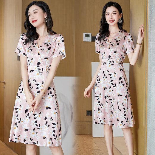 Ehangy国际高端轻奢连衣裙女装夏季2025新款收腰显瘦印花舒适桑蚕丝裙子 粉红色【高端礼盒】 L