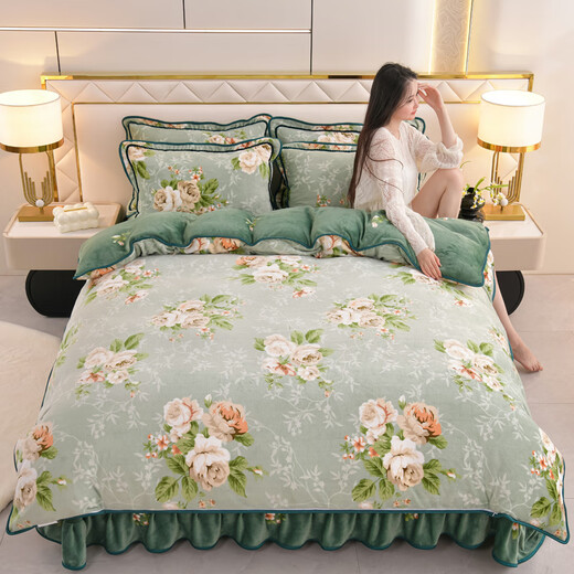 Mercury series milk velvet four-piece set for winter thickened coral velvet 2025 new double-sided flannel quilt cover bed skirt bedding pattern sentiment thickened and warm anti-static hot at the touch 1.5/1.8m bed skirt style four-piece set-quilt cover 200*230