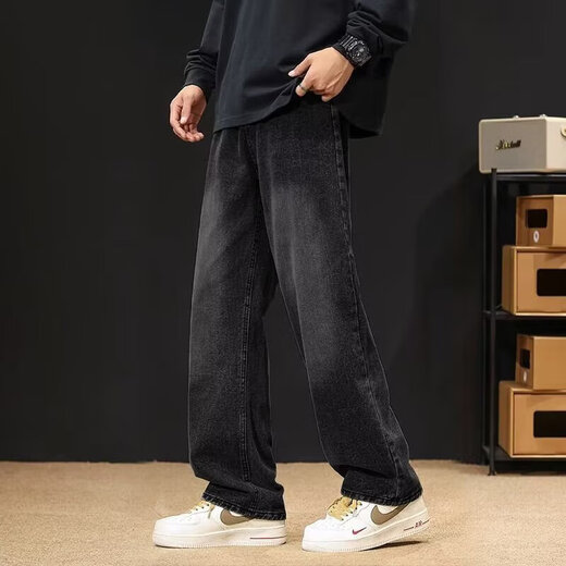 American retro jeans for men spring and autumn new style washed high street straight pants distressed casual wide leg trousers for men smoke black XL