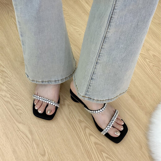 S.SOFEA法式水钻一字拖夏季高跟凉鞋 9898-3 黑色 35