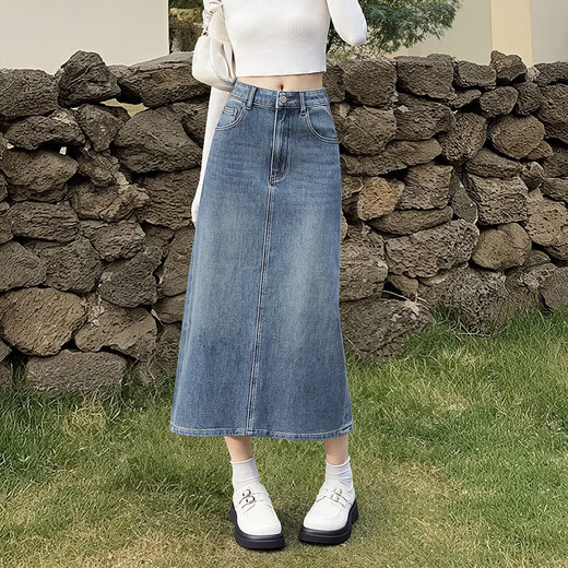 Sie schlägt Denimrock hinter dem Pool für Frauen 2025 Herbst Kleidung neue einfache Taille mit mittlerer Länge A-Line-Rock