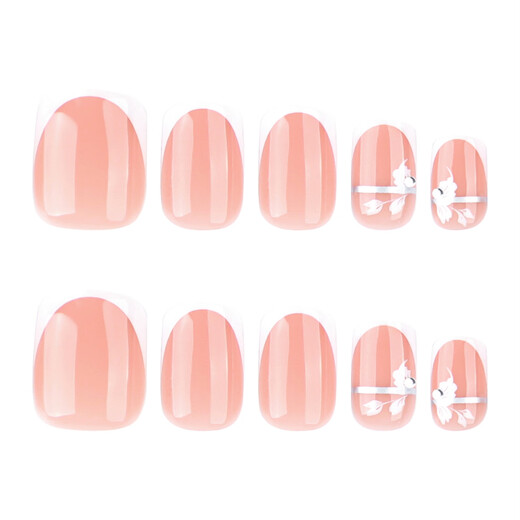 White spring hand-wearing nail short square armor French white edge nail art nail sheet white flower fake nail nail JP3884