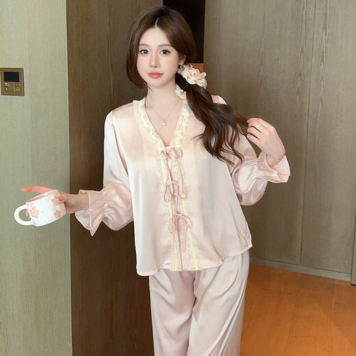 GPHF Pajama de GP japonés para mujeres Seda de seda de hielo Summer pantalones de manga larga encaje francés dulce y lindo juego de ropa para el hogar de alta gama 6622# rosa pantalones cortos de manga corta xl