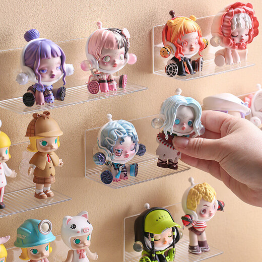 Wall-mounted blind box storage display stand, Bubble Mart acrylic figurine storage box, transparent small ornaments display rack, small size 10CM, free glue, can be spliced, can store 2 pieces, free anti-fall glue