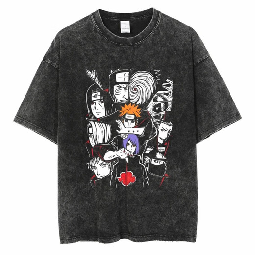 
Jiuvia Harajuku Street Washing Old Retro Japanese Naruto Naruto Anime Cotton T-shirt Men's Summer Short Sleeve B1365 Washing Black S