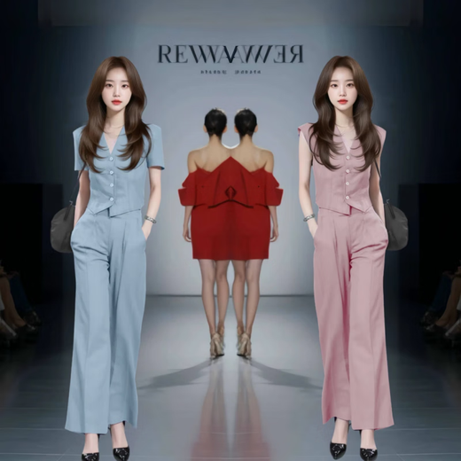 忻依美时尚气质西装套装女2025夏季新款洋气显瘦V领上衣阔腿裤两件套 粉色【短袖长裤】 M 【体重101-110斤】