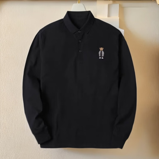 Kuraishi Kazuki co-designed black POLO shirt men's short long sleeve 25 embroidery autumn and winter new loose large size lapel bear top dark night black 2XL