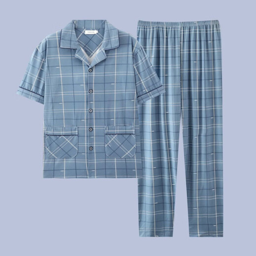 Heyu Herren-Pyjama-Herren-Kurzärmel-Sommer-Dünne Baumwoll-Pyjama-Pyjama-Herren-Feder- und Sommer-Kleidungsstück G3884 Blau (kurzärmelig) 195 4xl [Empfohlen 170-200jin [Jin gleich 0,5 kg]]
