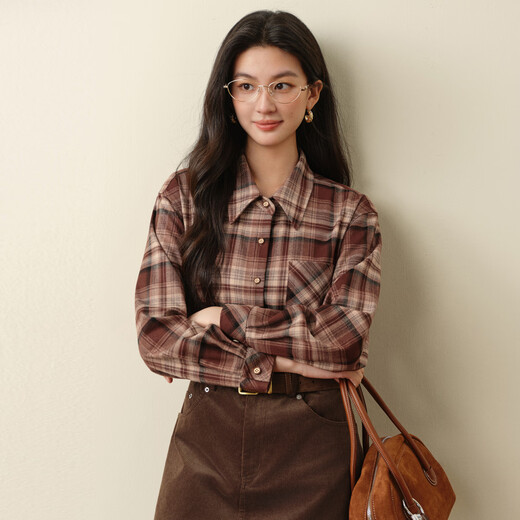 SEIFINI Hong Kong style retro commuter shirt 2025 autumn and winter new contrast color plaid long-sleeved temperament lapel top for women black M