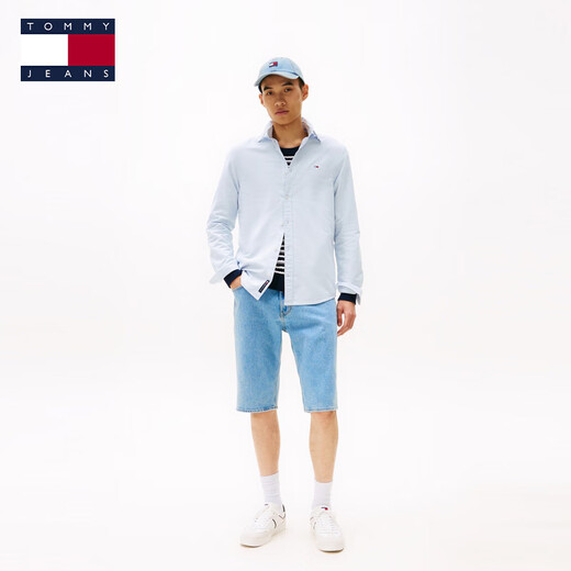 TOMMY JEANS [Oxford Spinning] 25 new spring and summer men and women texture stripes Asian version long-sleeved shirt/pure cotton solid color shirt Blue C3Q L
