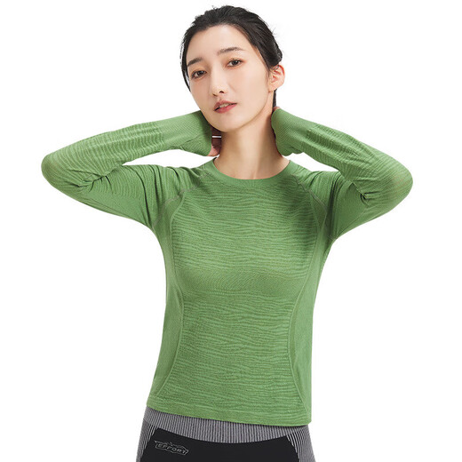 2025LULU same style women's sports long-sleeved T-shirt seamless outdoor round neck yoga fitness wear running Pilates pine forest green small waist XL