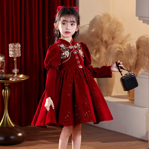 Girls Hanfu Dress Autumn and Winter Skirt 2025 New Year's Eve Chinese New Year Red Cheongsam Plus Velvet Winter Clothes 2800 Red 140
