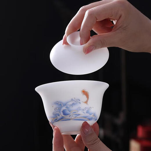 三栖虎功夫茶具套装德化素烧冰种简约盖碗茶杯主人杯整套礼盒装 9素烧冰种乘风破浪圆盖碗碗9276