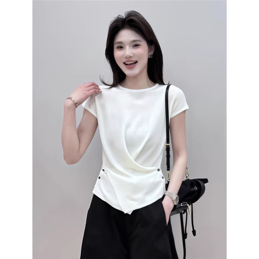 White ice silk knitted short-sleeved T-shirt for women 2025 new summer hot style irregular waist-hugging vest top White high-quality version One size 80-140Jin [Jin equals 0.5 kg] can be worn