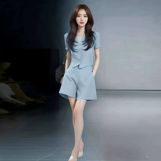 忻依美时尚气质西装套装女2025夏季新款洋气显瘦V领上衣阔腿裤两件套 粉色【短袖长裤】 M 【体重101-110斤】