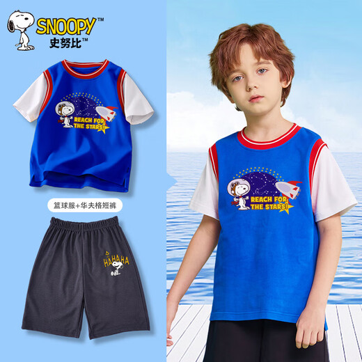 
Snoopy children's clothing boys and girls short sleeves set children's short T-shirts and shorts 2-piece set Basket T Rocket + Dark Gray K laugh 130