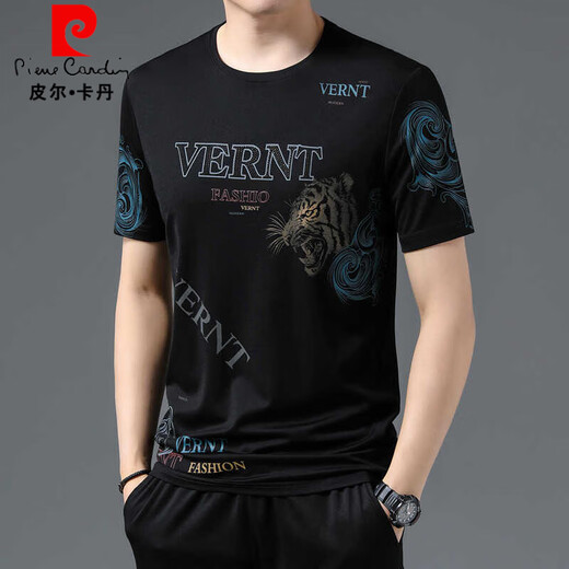 皮尔卡丹（pierre cardin）夏季新款冰丝短袖t恤中青年男士圆领印花潮流薄款休闲上衣体恤衫 白色733 M 165【建议100-120斤】
