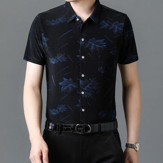 Sept loups (SW1960) 25 Summer Nouvelle chemise à manches courtes pour hommes Ice Silk Cool Thin Printing Shirdy Men's Shirt de l'âge moyen 9898 Gold 2xl 180