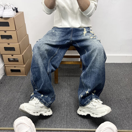 RANKDAVEY轻奢侈高档品牌美式高街棉牛仔裤男士宽松直筒阔腿破洞蓝色水洗潮 蓝色_H3892 S _105-125斤