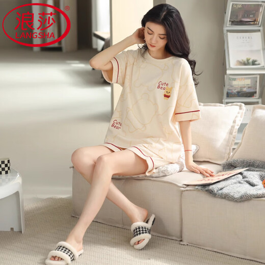 LangSha light luxury high-end pajamas for women in summer pure cotton thin short sleeves New cute summer home clothing two-piece set DGG-N1478 tight pure cotton M [recommended 80-100Jin [Jin equals 0.5 kg] wear]