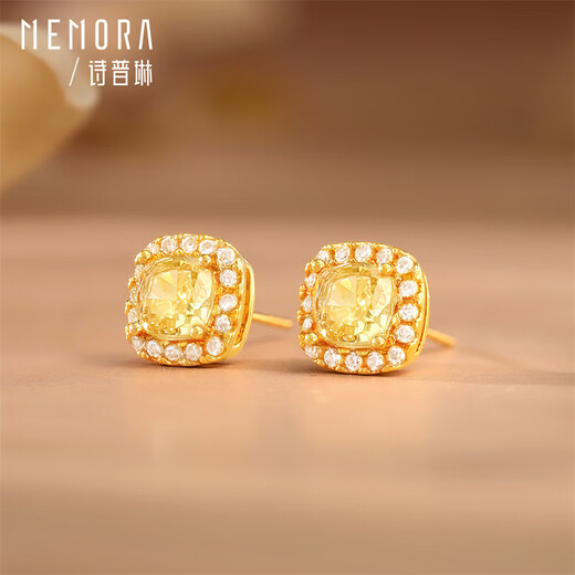 Shipulin K gold earrings, sugar cube yellow 18K gold earrings, self-worn as a Chinese Valentine's Day gift for girlfriend, 18K gold + zircon