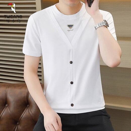 Woodpecker (TUCANO) new V-neck short-sleeved T-shirt for men in summer trendy thin buttons for men's fake two-piece mercerized cotton top 5588-6623 gray XL 120-135Jin [Jin equals 0.5 kg]